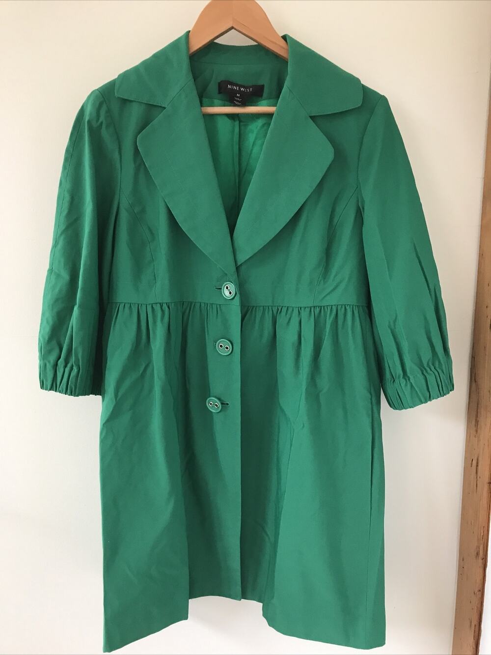 Nine West Dressy Faille Ruched Overcoat Dress Coat Emerald Green M 40" Chest